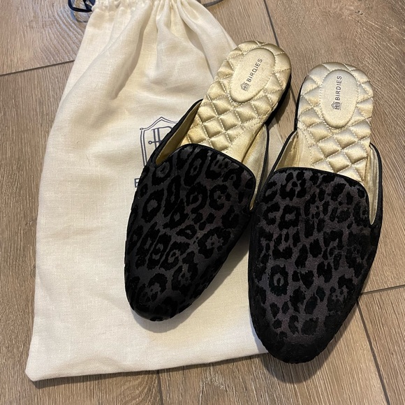 Birdies Shoes - BIRDIES Phoebe Mule Slides Black Cheetah Print 10 Shoes Leopard Fabric Velvet